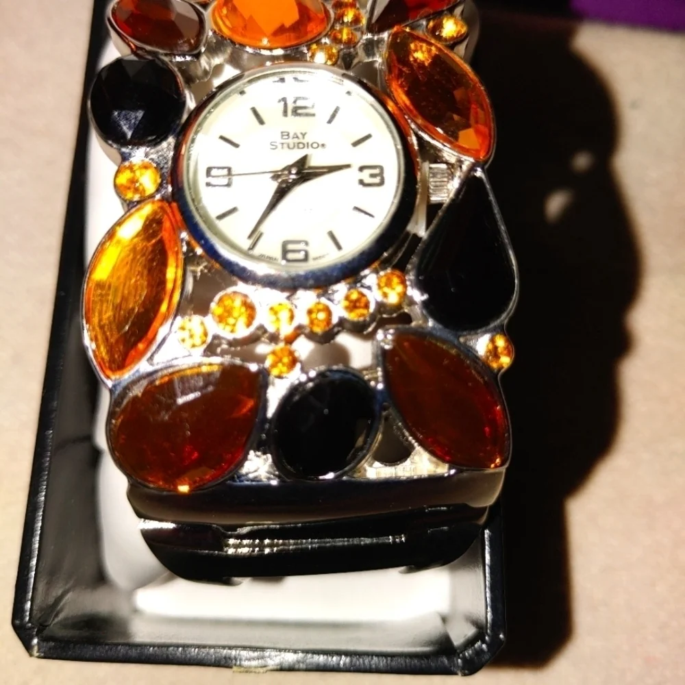 NEW MULTI GEMSTONE SILVER BANGLE QUARTZ WATCH